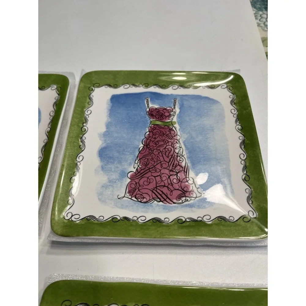 Pier 1 Square Appetizer 6” Plates Featuring Hats, Dress, Shoes & Purse 8pcs